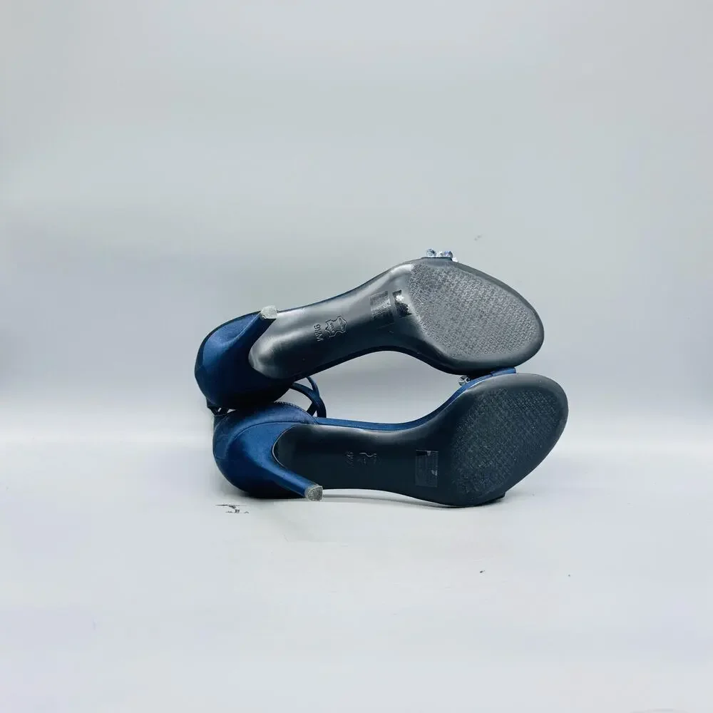 Tory Burch Sandals Women 9.5 Blue Satin Crystal Embellished Ankle Strap Stiletto